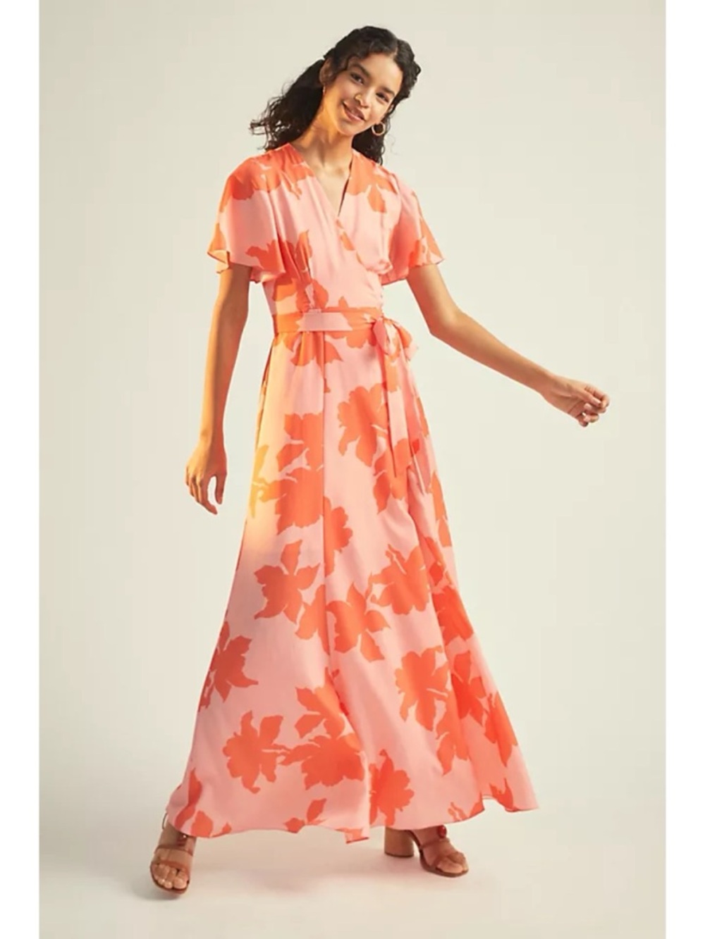 Anthropologie Hutch Reva Floral Wrap Maxi Dress in Pink and Coral, size S